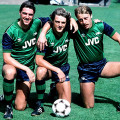 Paul Vaessen, John Devine and John Hawley wearing Arsenal 1982 away shirt